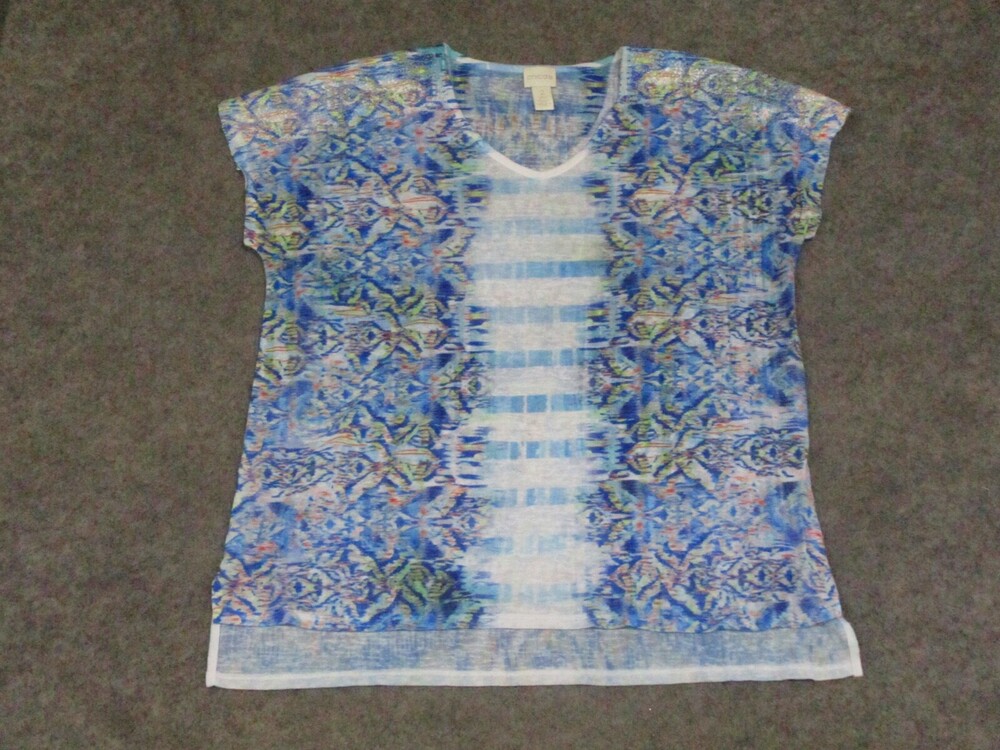 Chicos Top Womens 2 Regular Large L Blue Green V Neck Shirt Cap Sleeve Knit